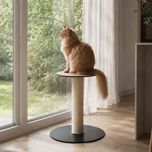 Katze sitzt auf Kratzbaum von MinouTierliebe® und schaut aus dem Fenster [AI]