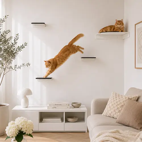 Zwei Katzen springend und liegend auf Wandstufen und Eckplatte von MinouTierliebe® [AI]