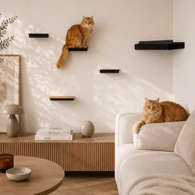 Raumansicht einer Katzenkletterwand mit einer sitzenden und einer liegenden Katze von MinouTierliebe® [AI]